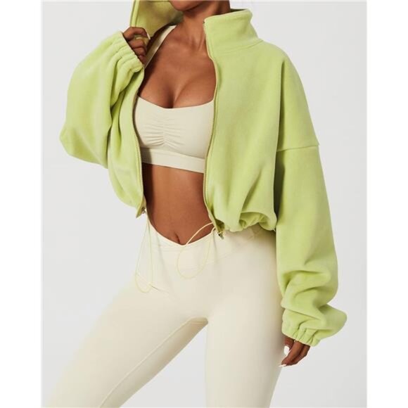 Women's Full Zip Fleece Short Jacket Warm Winter Long Sleeve Stand